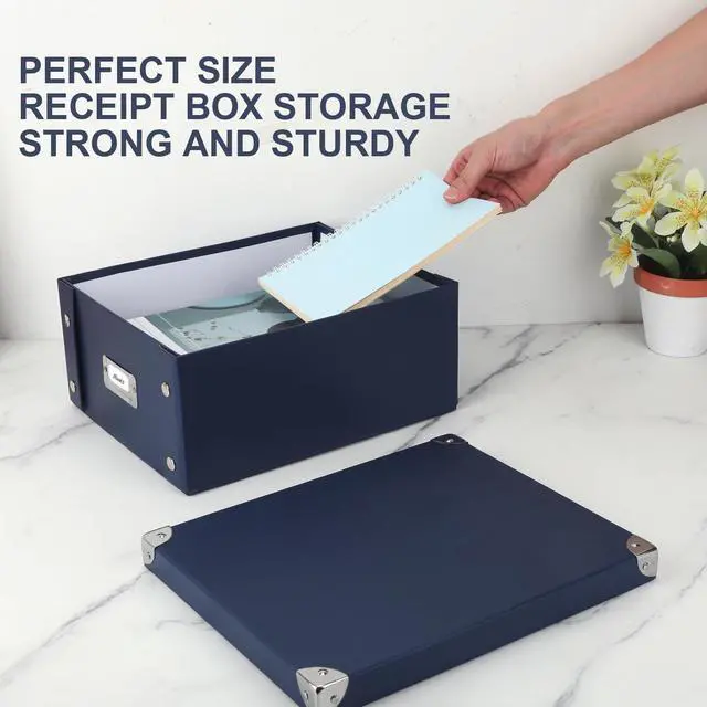 Alt view image 6 of 7 - Checks Storage Box with Lid Document Boxes Banker Boxes Document Bin Foldable Cardboard Record Boxes For Business Pesonal Orangize Files 12"x10"x5"(Navy Blue, 1 pcs)