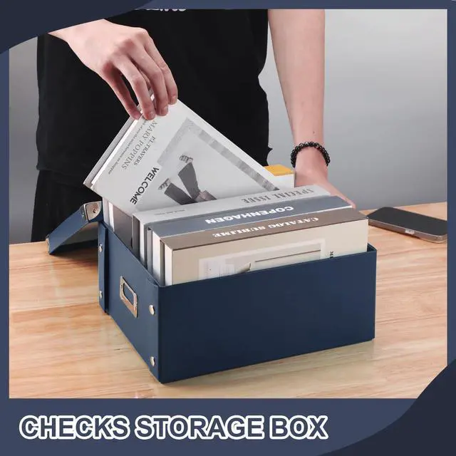 Alt view image 7 of 7 - Checks Storage Box with Lid Document Boxes Banker Boxes Document Bin Foldable Cardboard Record Boxes For Business Pesonal Orangize Files 12"x10"x5"(Navy Blue, 1 pcs)