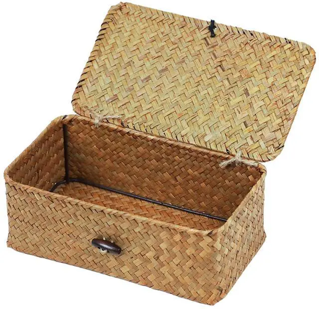 Main image of Wicker Storage Basket with Lid, Natural Seagrass Storage Baskets for Organizing, Rectangular Woven Basket for Storage, Decorative Boxes Bins with Lids Home Organizer Decor