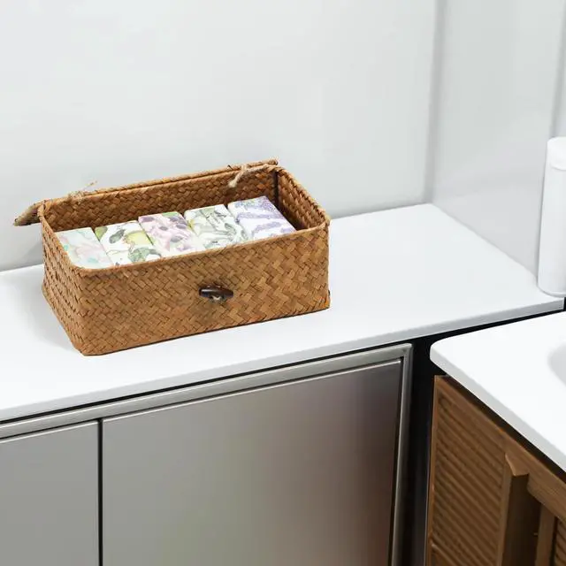 Alt view image 2 of 7 - Wicker Storage Basket with Lid, Natural Seagrass Storage Baskets for Organizing, Rectangular Woven Basket for Storage, Decorative Boxes Bins with Lids Home Organizer Decor