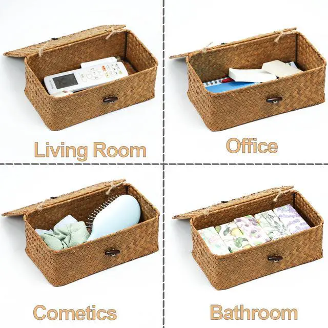 Alt view image 3 of 7 - Wicker Storage Basket with Lid, Natural Seagrass Storage Baskets for Organizing, Rectangular Woven Basket for Storage, Decorative Boxes Bins with Lids Home Organizer Decor