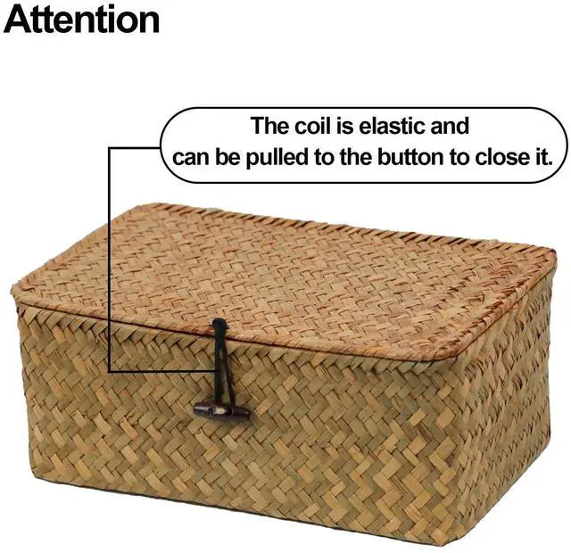 Alt view image 5 of 7 - Wicker Storage Basket with Lid, Natural Seagrass Storage Baskets for Organizing, Rectangular Woven Basket for Storage, Decorative Boxes Bins with Lids Home Organizer Decor