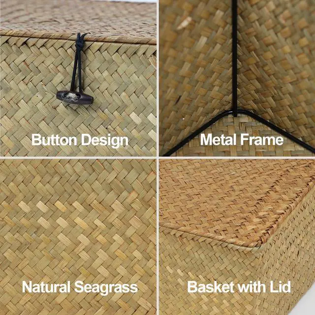 Alt view image 7 of 7 - Wicker Storage Basket with Lid, Natural Seagrass Storage Baskets for Organizing, Rectangular Woven Basket for Storage, Decorative Boxes Bins with Lids Home Organizer Decor