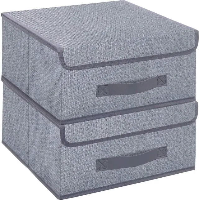 Main image of Foldable Storage Bins Cubes Boxes with Lid - Storage Box Cube Cubby Basket Closet Organizer Pack of 2 with Leather Handles for Closet Bedroom, 13" x 13", Linen-like Grey, MXDLB2P