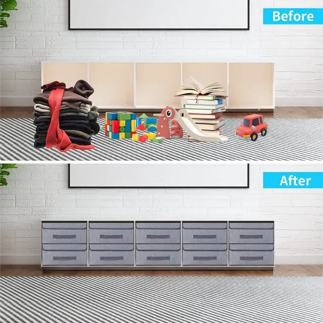 Alt view image 4 of 7 - Foldable Storage Bins Cubes Boxes with Lid - Storage Box Cube Cubby Basket Closet Organizer Pack of 2 with Leather Handles for Closet Bedroom, 13" x 13", Linen-like Grey, MXDLB2P