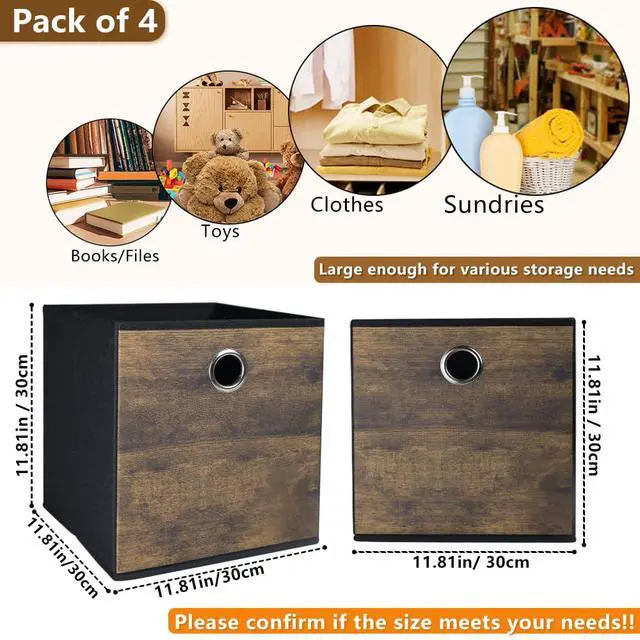 Alt view image 2 of 7 - 4 Pack Durable Storage Cube Bins with Decorative Wood Grain,Thickened Fabric Box,Storage Basket for Shelves,Closet,Storeroom,Bedroom,Living Room,Nursery,Office,Dorm,RV, 12x12x12in ( (Medium)