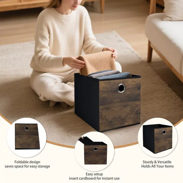 Alt view image 3 of 7 - 4 Pack Durable Storage Cube Bins with Decorative Wood Grain,Thickened Fabric Box,Storage Basket for Shelves,Closet,Storeroom,Bedroom,Living Room,Nursery,Office,Dorm,RV, 12x12x12in ( (Medium)