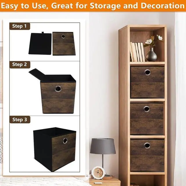 Alt view image 4 of 7 - 4 Pack Durable Storage Cube Bins with Decorative Wood Grain,Thickened Fabric Box,Storage Basket for Shelves,Closet,Storeroom,Bedroom,Living Room,Nursery,Office,Dorm,RV, 12x12x12in ( (Medium)