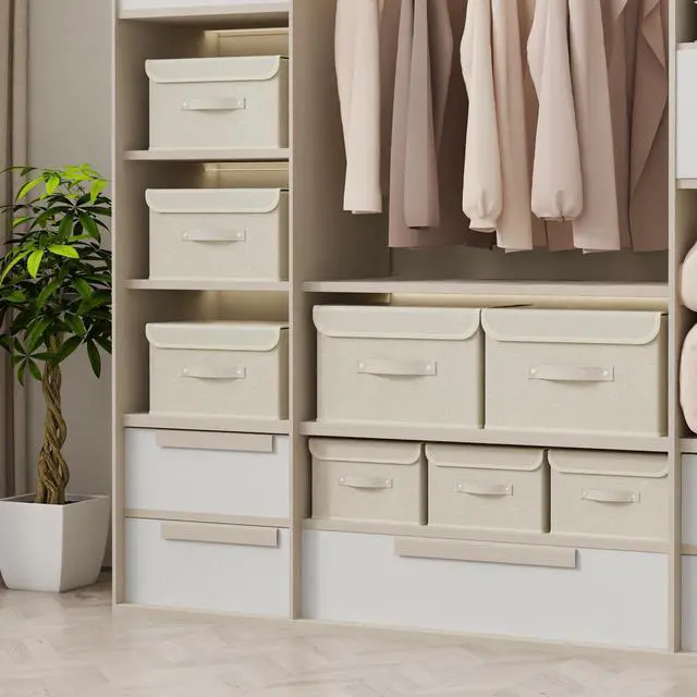 Alt view image 2 of 7 - Storage Boxes, Collapsible Storage Bins with Lids, Cotton and linen cloth Storage Baskets with Handle, for Books, Closet, Bedroom, Home, 13x9.1x7.9 in, Grey and Beige