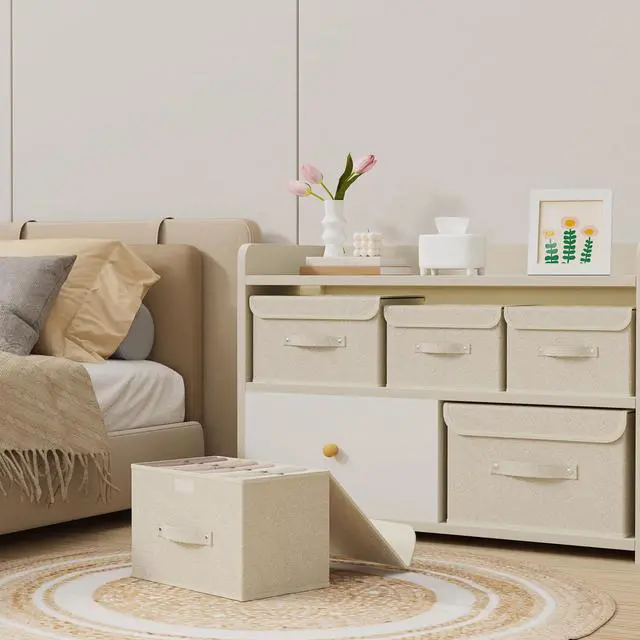 Alt view image 3 of 7 - Storage Boxes, Collapsible Storage Bins with Lids, Cotton and linen cloth Storage Baskets with Handle, for Books, Closet, Bedroom, Home, 13x9.1x7.9 in, Grey and Beige