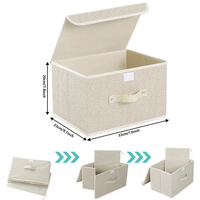 Alt view image 7 of 7 - Storage Boxes, Collapsible Storage Bins with Lids, Cotton and linen cloth Storage Baskets with Handle, for Books, Closet, Bedroom, Home, 13x9.1x7.9 in, Grey and Beige