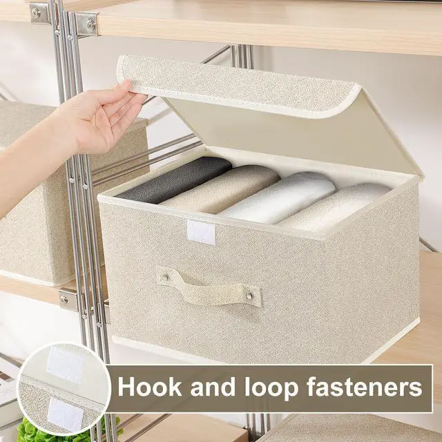 Alt view image 6 of 7 - Storage Boxes, Collapsible Storage Bins with Lids, Cotton and linen cloth Storage Baskets with Handle, for Books, Closet, Bedroom, Home, 13x9.1x7.9 in, Grey and Beige