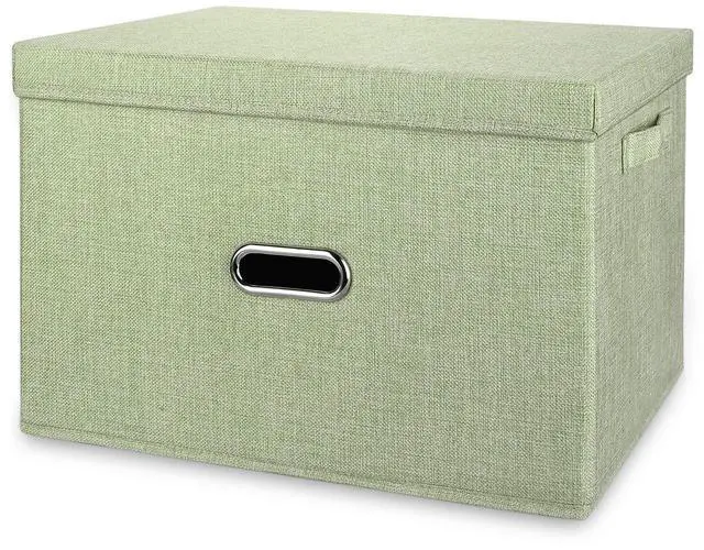 Main image of Linen Fabric Collapsible Storage Bins with Removable Lids and Handles, Washable Storage Box Containers Baskets Cube with Cover for Bedroom,Closet,Office,Living Room,Nursery (Green, Medium)