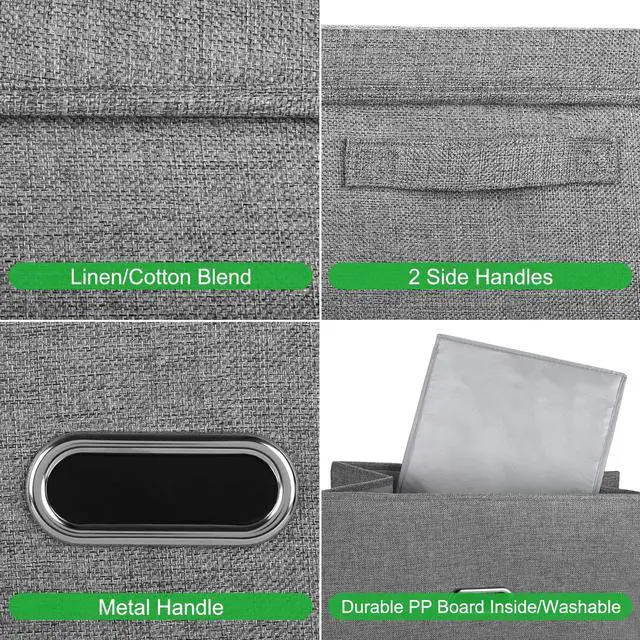 Alt view image 2 of 7 - Linen Fabric Collapsible Storage Bins with Removable Lids and Handles, Washable Storage Box Containers Baskets Cube with Cover for Bedroom,Closet,Office,Living Room,Nursery (Green, Medium)