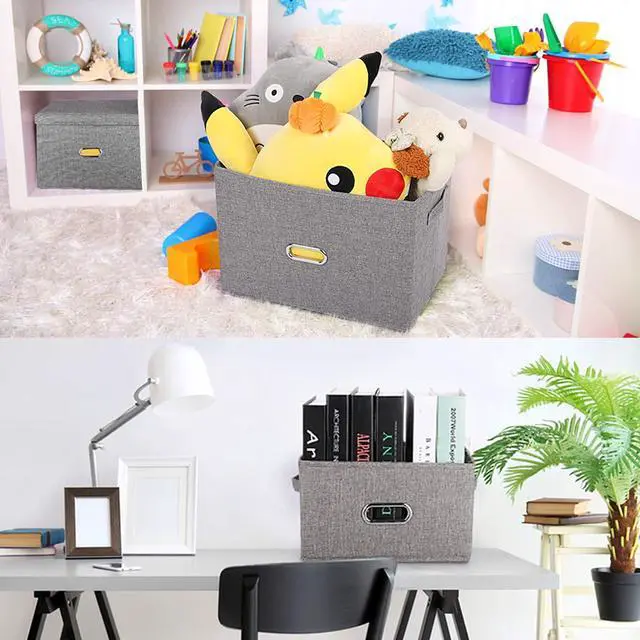 Alt view image 5 of 7 - Linen Fabric Collapsible Storage Bins with Removable Lids and Handles, Washable Storage Box Containers Baskets Cube with Cover for Bedroom,Closet,Office,Living Room,Nursery (Green, Medium)