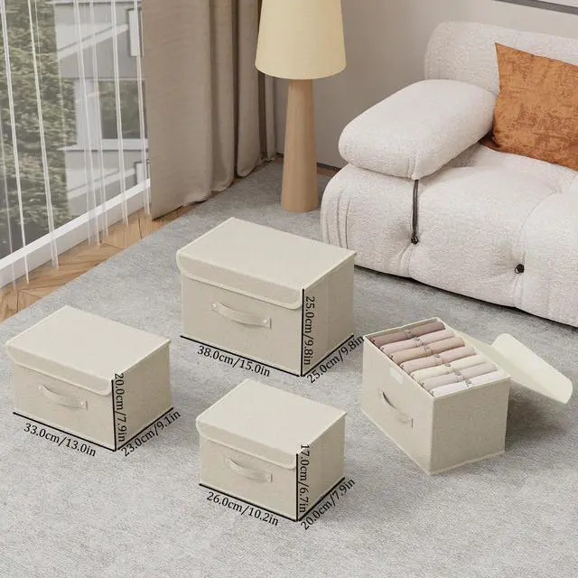 Alt view image 4 of 7 - Storage Boxes, Collapsible Storage Bins with Lids, Cotton and linen cloth Storage Baskets with Handle, for Books, Closet, Bedroom, Home, 13x9.1x7.9 in, Grey and Beige
