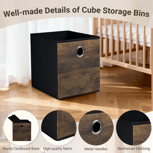 Alt view image 5 of 7 - Decorative Cube Storage Bin with Wood Grain,Thickened Fabric Storage Cube Box Sturdy Cube Basket for Shelves,Space Saving Storage Organizer for Home,Office,Nursery,Dorm Closet,3 Pack(12.6x12.6x12.6in)