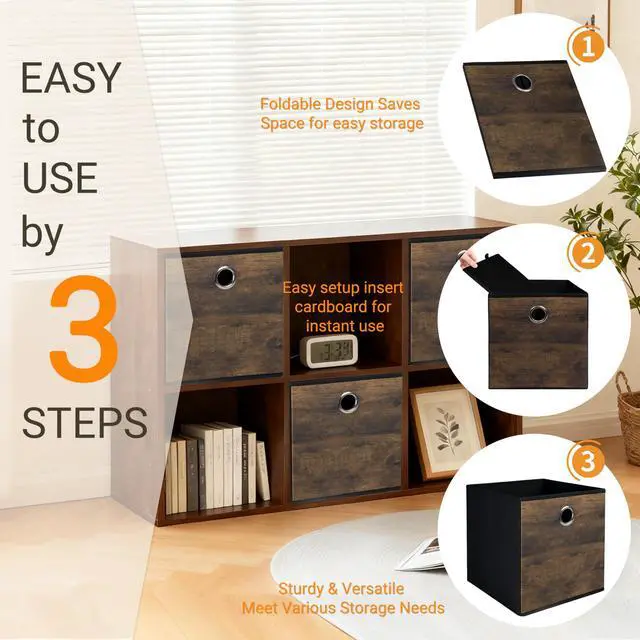 Alt view image 7 of 7 - Decorative Cube Storage Bin with Wood Grain,Thickened Fabric Storage Cube Box Sturdy Cube Basket for Shelves,Space Saving Storage Organizer for Home,Office,Nursery,Dorm Closet,3 Pack(12.6x12.6x12.6in)