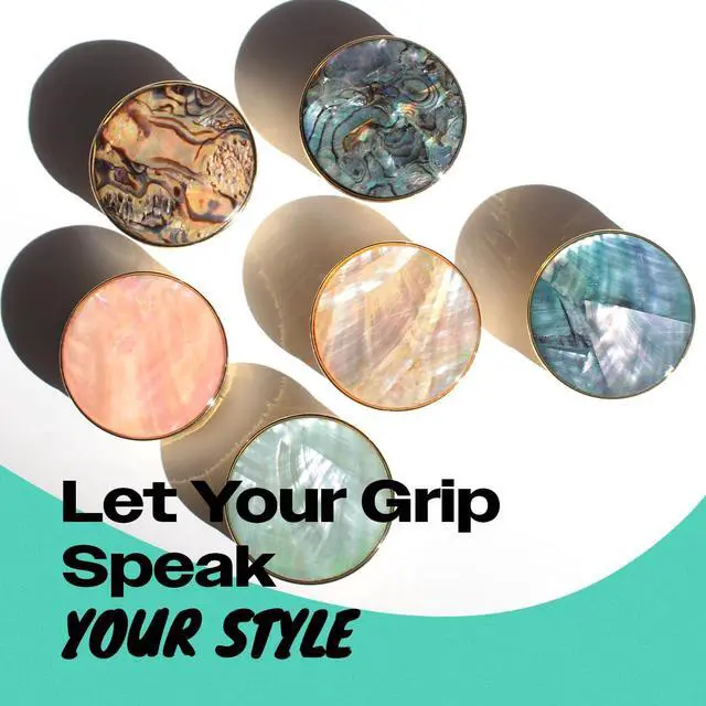 Alt view image 3 of 7 - Universal Phone Grip & Stand, Genuine Natural Gemstone/Seashell, Strong Adhesive Finger Holder, Collapsible Socket for iPhone, Samsung Galaxy, Kindle and Tablets (Crème)