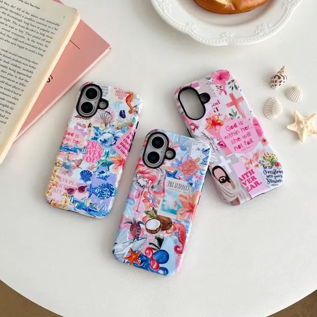 Alt view image 3 of 7 - Compatible with iPhone 17 Cute Summer Phone Cases Flowers Jellyfish Starfish Seahorse Pattern Beautiful and Dazzling for Girls and Women Double-Layer Protective Case (Shell)