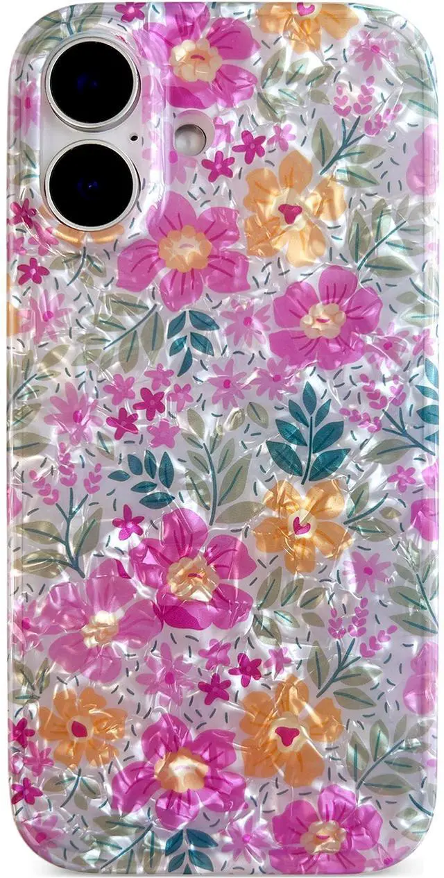 Main image of Compatible for iPhone 17 Case 6.3 Inch, Sparkly Translucent Seashell Flower for Women Girls, Soft Modern Fantasy Floral Pattern Print Shockproof Phone Cover, Light Pink & Yellow