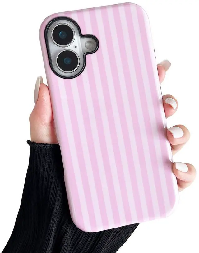 Main image of Compatible with iPhone 16 Case, Cute Fashion Aesthetic Striped Pattern Cover for Women, Shockproof Soft TPU and Hard PC Protective Phone Case for iPhone 16 6.1"- Pink