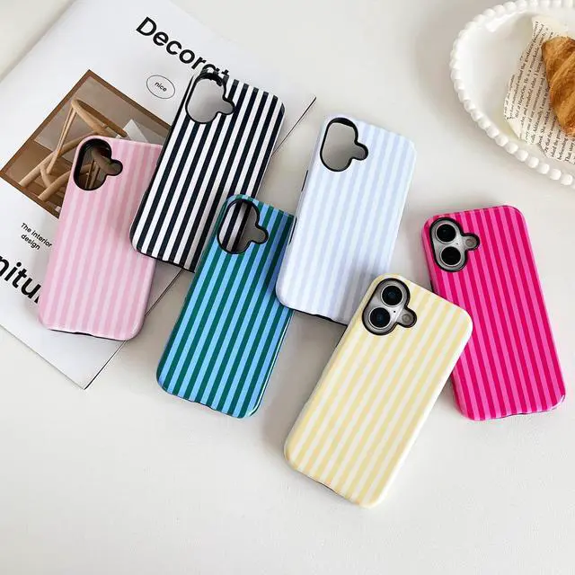 Alt view image 2 of 7 - Compatible with iPhone 16 Case, Cute Fashion Aesthetic Striped Pattern Cover for Women, Shockproof Soft TPU and Hard PC Protective Phone Case for iPhone 16 6.1"- Pink