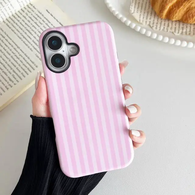 Alt view image 3 of 7 - Compatible with iPhone 16 Case, Cute Fashion Aesthetic Striped Pattern Cover for Women, Shockproof Soft TPU and Hard PC Protective Phone Case for iPhone 16 6.1"- Pink