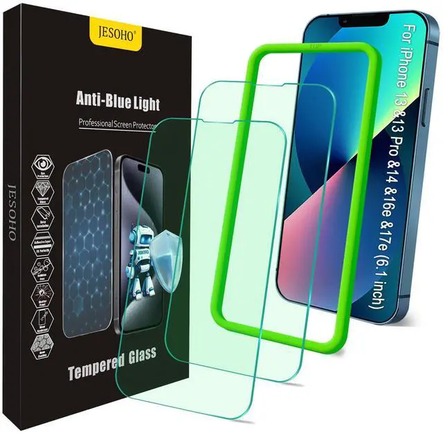 Main image of Blue Light Screen Protector for iPhone 13/13 Pro/14/16e/17e (6.1inch), Eye Protection Tempered Glass Film, Scratch-Resistant, No Bubble with Easy Installation Kit, 2 Pack
