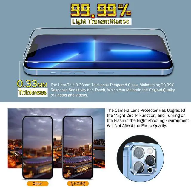 Alt view image 5 of 7 - 3 Pack Screen Protector for iPhone 13 Pro Max 6.7" with 3 Pack Tempered Glass Camera Lens Protector, Ultra HD, 9H Hardness, Scratch Resistant, Easy Install - Case Friendly