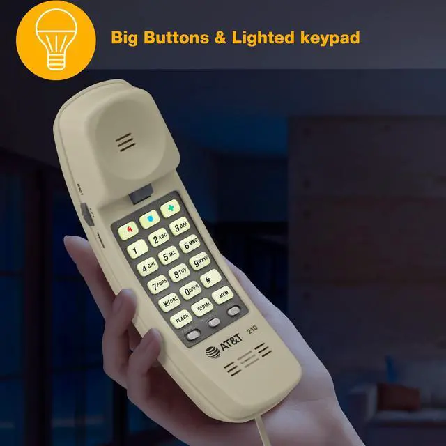 Alt view image 4 of 7 - TRIMLINE 210 Corded Home Phone, No AC Power Required, Improved Easy-Wall-Mount, Lighted Big Button Keypad, 13 SpeedDial Keys, Last Number Redial, Mute, Flash, Volume Control, Beige