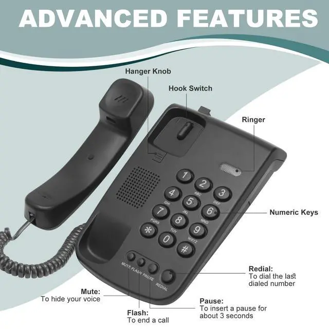 Alt view image 2 of 7 - Corded Landline Phone, Simple Office Telephone Home Phone,Telephone Landline Phones Use for Home/Office -Wall or Desk -Adjustable Ringer Volume, Black