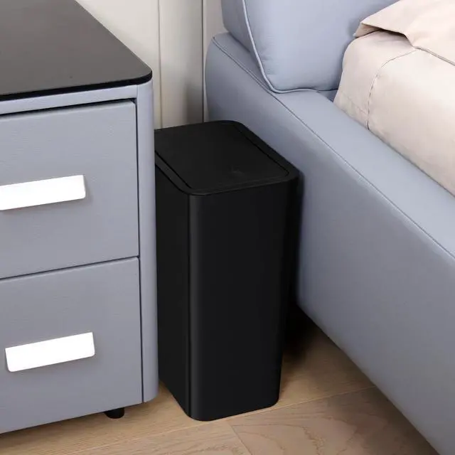 Alt view image 2 of 7 - Bathroom Trash Can with Lid, 10 Liter/ 2.6 Gallon Slim Garbage Can, Small Trash Bin Waste Basket with Pop-Up Lid for Kitchen, Bedroom, Living Room, Office (Black)