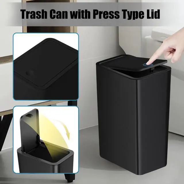 Alt view image 5 of 7 - Bathroom Trash Can with Lid, 10 Liter/ 2.6 Gallon Slim Garbage Can, Small Trash Bin Waste Basket with Pop-Up Lid for Kitchen, Bedroom, Living Room, Office (Black)