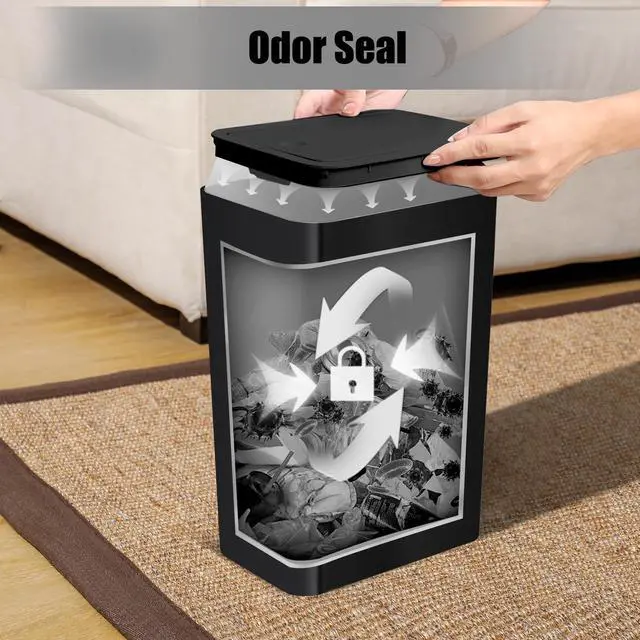 Alt view image 4 of 7 - Bathroom Trash Can with Lid, 10 Liter/ 2.6 Gallon Slim Garbage Can, Small Trash Bin Waste Basket with Pop-Up Lid for Kitchen, Bedroom, Living Room, Office (Black)