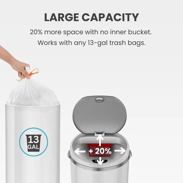 Alt view image 5 of 7 - 50 Liter / 13 Gallon Sensor Kitchen Trash Can with Odor Filter Slim Round White Stainless Steel Automatic Garbage Recycling Bin for Home, Office, Business, Garage