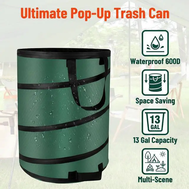 Alt view image 3 of 7 - Camping Trash Can, Pop Up Collapsible Garbage Can, 10 Gallons, Foldable Recycle Bin Made of 600D Oxford Cloth for Gardening, Camping and Home Storage (Green)