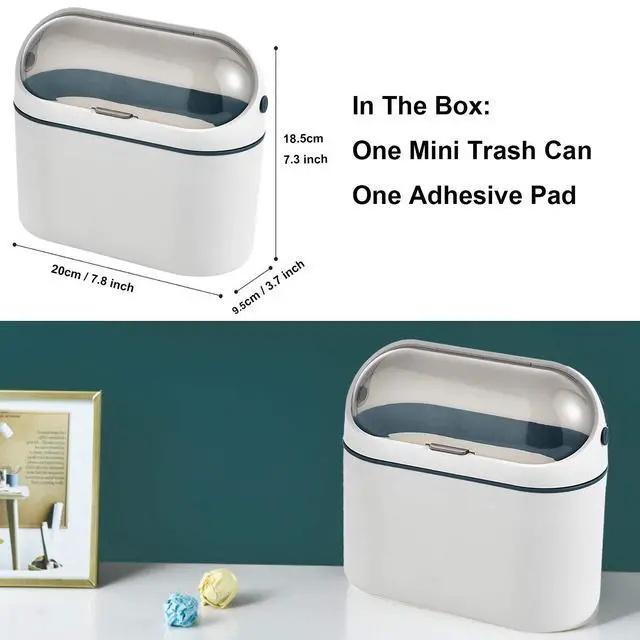 Alt view image 6 of 6 - Desktop Trash Can with Lid, Mini Trash Can for Desk, Small Office Countertop Garbage Can, Mountable Tiny Wastebasket for RV, Dorm, Freezer, Laundry and More (Blue)