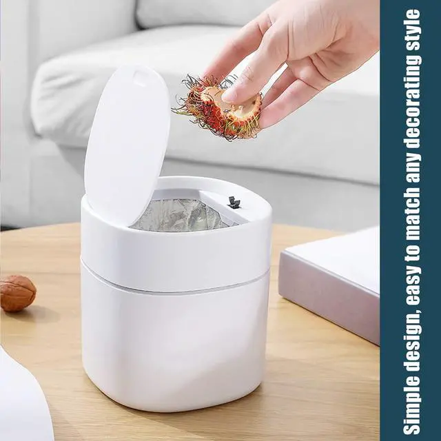 Alt view image 6 of 7 - Mini Desk Trash Can with Lid with Trash Bags 180 pcs Press-Top 0.5 Gallon Tiny Countertop Waste Basket Small Table Top Plastic Covered Garbage Bin for Desk Top