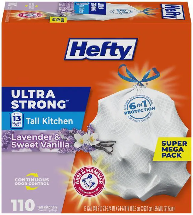 Main image of Ultra Strong 13 Gallon Trash Bags, Tall Kitchen, Drawstring Closure, Odor Control, White, Lavender, Sweet Vanilla, 110 Count
