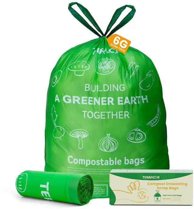 Main image of 6 Gallon Compostable Trash Bags Drawstring, Heavy Duty Extra Thick 1 Mil, 35 Bags, Tall Kitchen Food Scrap Waste Bag, ASTM D6400