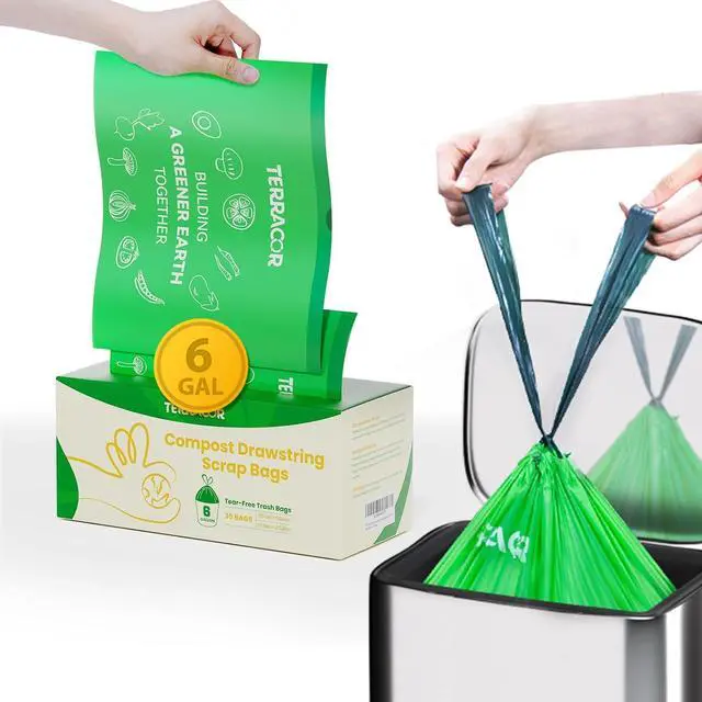 Alt view image 2 of 7 - 6 Gallon Compostable Trash Bags Drawstring, Heavy Duty Extra Thick 1 Mil, 35 Bags, Tall Kitchen Food Scrap Waste Bag, ASTM D6400