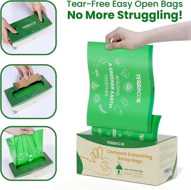 Alt view image 3 of 7 - 6 Gallon Compostable Trash Bags Drawstring, Heavy Duty Extra Thick 1 Mil, 35 Bags, Tall Kitchen Food Scrap Waste Bag, ASTM D6400