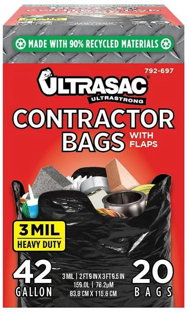 Main image of Contractor Bags 42 Gallon (20 PACK/w FLAP TIES), 32.75 x 44.5-3 MIL Thick Large Black Heavy Duty Industrial Garbage Trashbags for Professional Construction and Commercial use