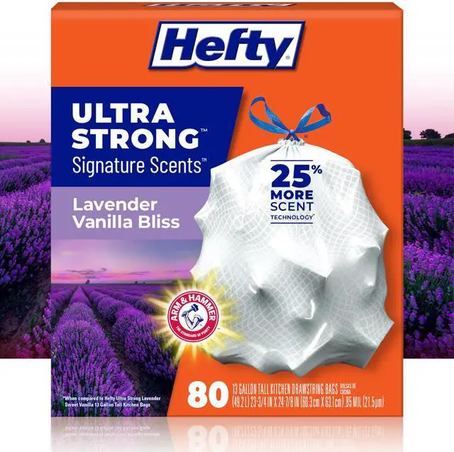 Main image of Ultra Strong Signature Scents 13 Gallon Trash Bags, Lavender Vanilla Bliss Scent, Tall Kitchen Trash Bags with 25% More Scent Technology, White, 80 Count