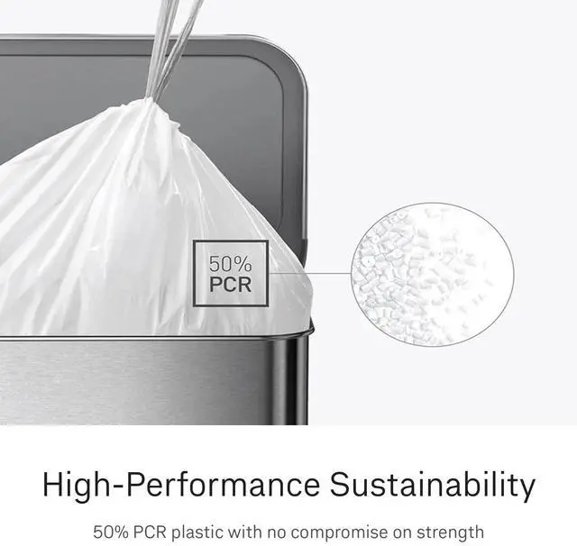 Alt view image 4 of 6 - Code M 60 Count Custom Fit Liners, Drawstring Kitchen Trash Bags, One-by-One Mess-Free Dispense, Extra Thick & Double Seamed, 50% PCR Plastic, 40-45 Liter / 11-12 Gallon, White