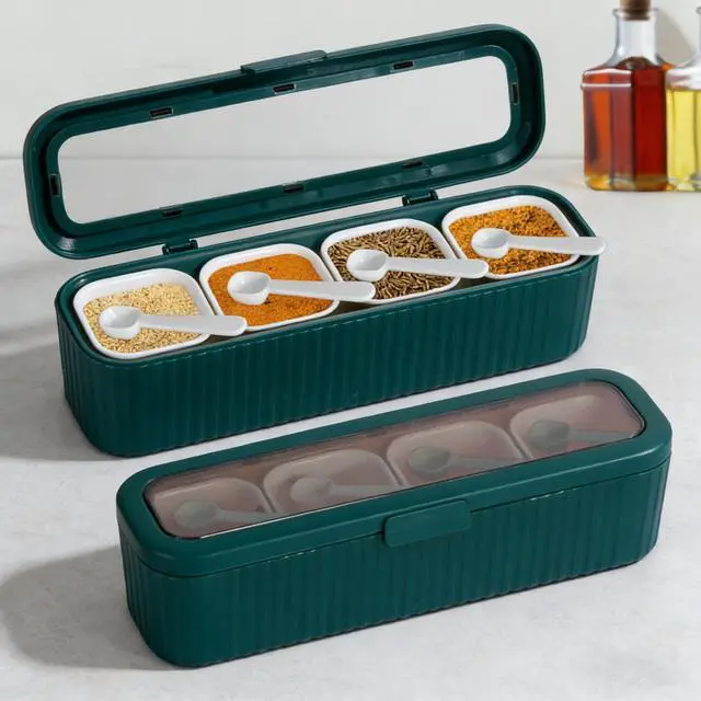 Alt view image 4 of 5 - Clear Seasoning Box, 4 Packs Seasoning Rack Spice Pots,Condiment Jars Seasoning Box with Clear Covers and Spoons for Spice, Sugar, Salt, Pepper, Garlic Powder (Green)