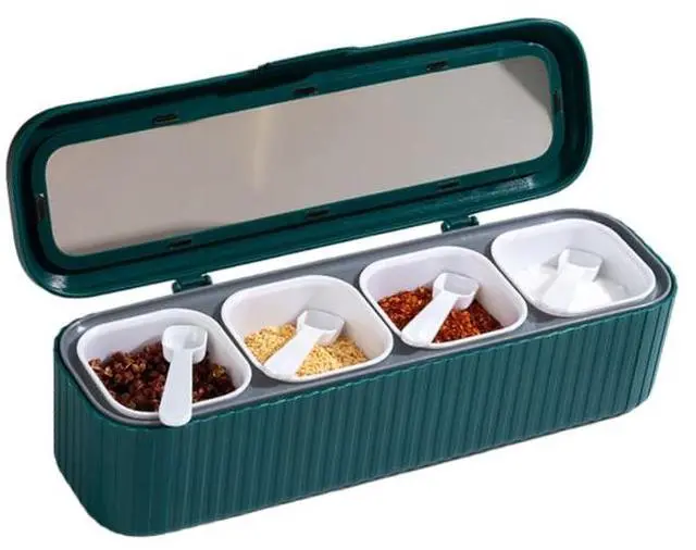 Main image of Clear Seasoning Box, 4 Packs Seasoning Rack Spice Pots,Condiment Jars Seasoning Box with Clear Covers and Spoons for Spice, Sugar, Salt, Pepper, Garlic Powder (Green)