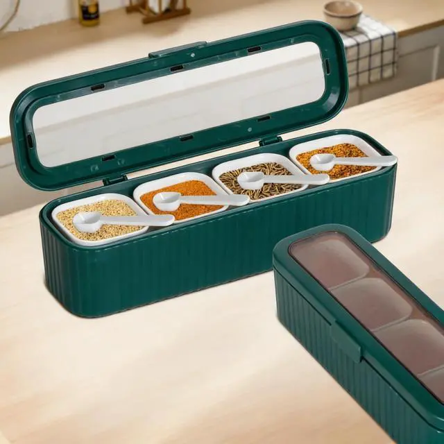 Alt view image 5 of 5 - Clear Seasoning Box, 4 Packs Seasoning Rack Spice Pots,Condiment Jars Seasoning Box with Clear Covers and Spoons for Spice, Sugar, Salt, Pepper, Garlic Powder (Green)