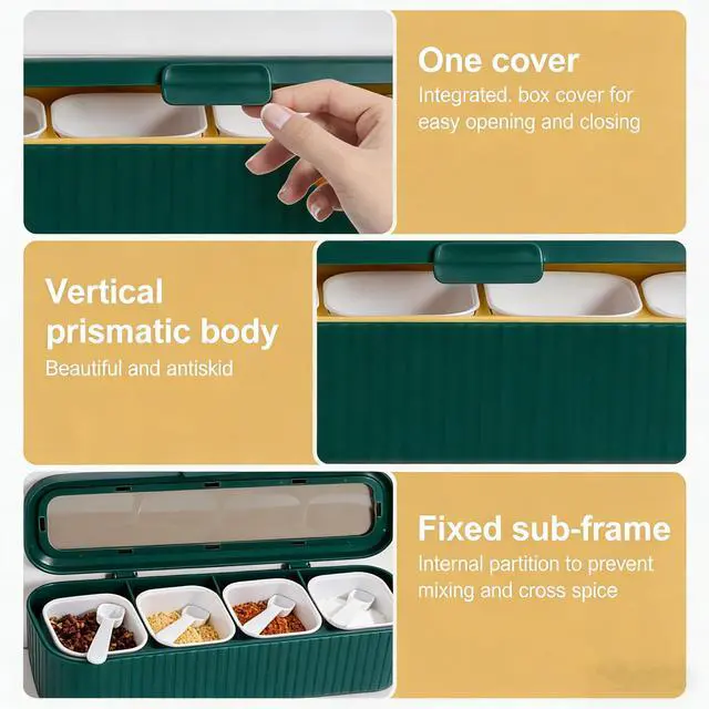 Alt view image 3 of 5 - Clear Seasoning Box, 4 Packs Seasoning Rack Spice Pots,Condiment Jars Seasoning Box with Clear Covers and Spoons for Spice, Sugar, Salt, Pepper, Garlic Powder (Green)